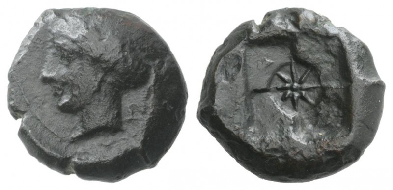 Sicily, Syracuse, 405-375 BC. Æ Hemilitron (16mm, 4.88g). Head of nymph l., hair...