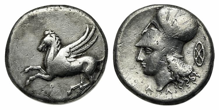 Corinth, c. 375-300 BC. AR Stater (21mm, 8.28g, 6h). Pegasos flying l. R/ Helmet...