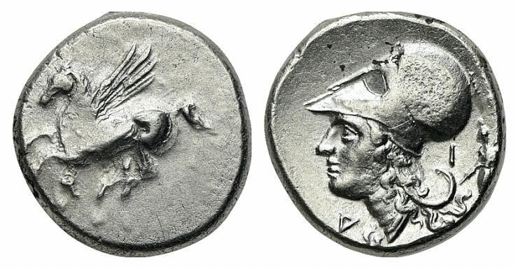 Corinth, c. 375-300 BC. AR Stater (21mm, 8.59g, 2h). Pegasos flying l. R/ Head o...