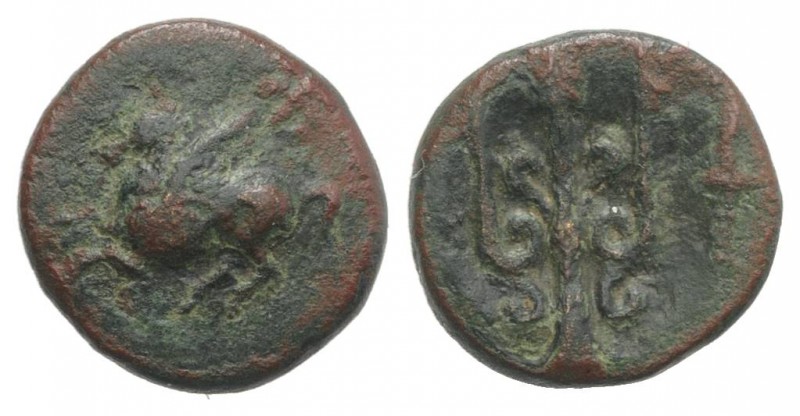 Corinth, c. 303-287 BC. Æ (11.5mm, 1.41g, 6h). Pegasos flying l. R/ Trident-head...