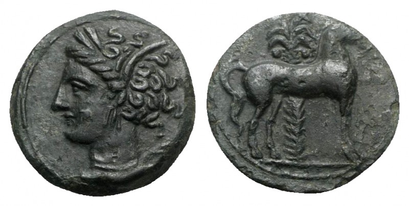 Carthage, c. 400-350 BC. Æ (16mm, 2.84g, 9h). Wreathed head of Tanit l. R/ Horse...