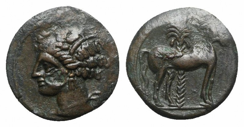 Carthage, c. 400-350 BC. Æ (16mm, 2.38g, 11h). Wreathed head of Tanit l. R/ Hors...