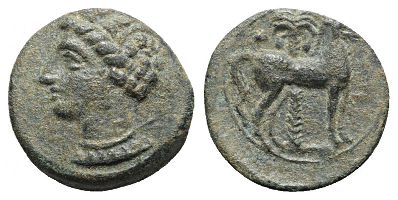 Carthage, c. 400-350 BC. Æ (16mm, 2.52g, 3h). Wreathed head of Tanit l. R/ Horse...