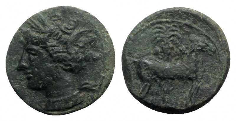 Carthage, c. 400-350 BC. Æ (15mm, 2.49g, 10h). Wreathed head of Tanit l. R/ Hors...