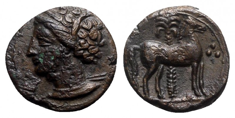 Carthage, c. 400-350 BC. Æ (15mm, 3.03g, 10h). Wreathed head of Tanit l. R/ Hors...