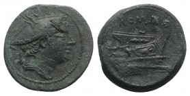 Anonymous, Rome, 217-215 BC. Æ Semuncia (20mm, 5.36g, 3h). Head of Mercury r., wearing winged petasus. R/ Prow r. Crawford 38/7; RBW 100. Small metal ...