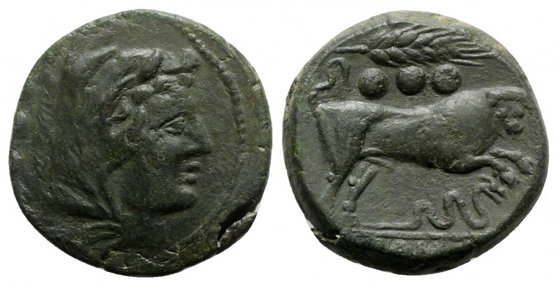 Grain-ear series, Sicily, c. 214 BC. Æ Quadrans (26mm, 14.60g, 12h). Head of Her...