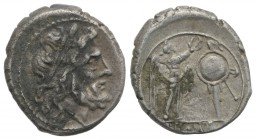 Anonymous, Rome, after 211 BC. AR Victoriatus (16mm, 2.78g, 1h). Laureate head of Jupiter r. R/ Victory standing r., crowning trophy. Crawford 53/1; R...
