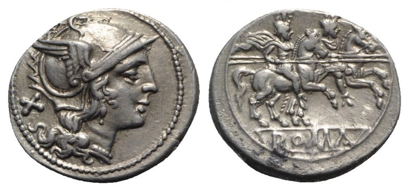 Anonymous, Rome, after 211 BC. AR Denarius (19mm, 4.27g, 12h). Head of Roma r., ...