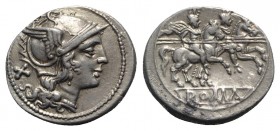 Anonymous, Rome, after 211 BC. AR Denarius (19mm, 4.27g, 12h). Head of Roma r., wearing winged helmet decorated with head of griffin. R/ Dioscuri on h...