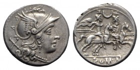 Crescent series, Rome, 207 BC. AR Denarius (19mm, 4.42g, 1h). Helmeted head of Roma r. R/ Dioscuri on horseback riding r.; crescent between the riders...