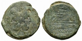 Dolphin series, Rome, c. 155-149 BC. Æ As (36mm, 29.26g, 12h). Laureate head of bearded Janus. R/ Prow of galley r.; above, dolphin r.; I (mark of val...
