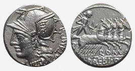 M. Baebius Q.f. Tampilus, Rome, 137 BC. AR Denarius (17mm, 3.80g, 9h). Helmeted head of Roma l. R/ Apollo driving quadriga r., holding bow and arrow. ...