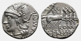 M. Baebius Q.f. Tampilus, Rome, 137 BC. AR Denarius (16mm, 3.95g, 6h). Helmeted head of Roma l. R/ Apollo driving quadriga r., holding bow and arrow. ...