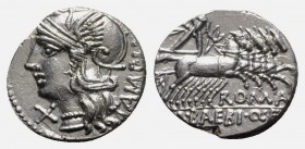 M. Baebius Q.f. Tampilus, Rome, 137 BC. AR Denarius (17mm, 3.98g, 6h). Helmeted head of Roma l. R/ Apollo driving quadriga r., holding bow and arrow. ...
