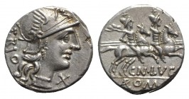 Cn. Lucretius Trio, Rome, 136 BC. AR Denarius (17mm, 3.93g, 11h). Helmeted head of Roma r. R/ Dioscuri on horseback riding r. Crawford 237/1a; RBW 978...