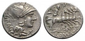 L. Antestius Gragulus, Rome, 136 BC. AR Denarius (18mm, 3.87g, 6h). Helmeted head of Roma r. R/ Jupiter driving quadriga r., holding reins and sceptre...