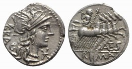 L. Antestius Gragulus, Rome, 136 BC. AR Denarius (19mm, 4.02g, 12h). Helmeted head of Roma r. R/ Jupiter driving quadriga r., holding reins and sceptr...