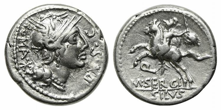 M. Sergius Silus, Rome, 116-115 BC. AR Denarius (18mm, 3.80g, 6h). Helmeted head...