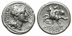 M. Sergius Silus, Rome, 116-115 BC. AR Denarius (18mm, 3.80g, 6h). Helmeted head of Roma r. R/ Soldier on horseback rearing l., holding sword and seve...
