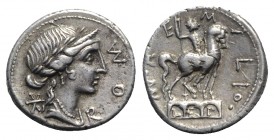 Man. Aemilius Lepidus, Rome, 114-113 BC. AR Denarius (18mm, 3.88g, 9h). Diademed and draped bust of Roma r. R/ Equestrian statue r. on pedestal with t...