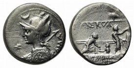 P. Nerva, Rome, 113-112 BC. AR Denarius (18mm, 3.77g, 3h). Helmeted bust of Roma l., holding shield and spear; crescent above. R/ Three citizens votin...