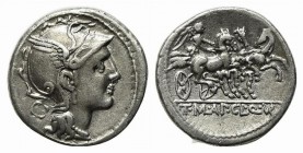 Appius Claudius Pulcher, T. Manlius Mancius and Q. Urbinius, Rome, 111-110 BC. AR Denarius (18mm, 3.85g, 6h). Helmeted head of Roma r.; quadrangular d...