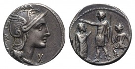 P. Laeca, Rome, 110-109 BC. AR Denarius (18mm, 4.00g, 6h). Helmeted head of Roma r. R/ Roman warrior standing l., placing hand on the head of a citize...