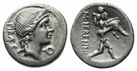 M. Herennius, Rome, 108-107 BC. AR Denarius (19mm, 3.82g, 12h). Diademed head of Pietas r.; control mark before chin. R/ Amphinomus carrying his fathe...