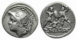Q. Minucius Thermus M. f. Roma, 103 BC. AR Denarius (19mm, 3.98g, 8h) Helmeted bust of Mars l. R/ Two warriors in combat, one on l. protecting a falle...
