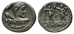 P. Cornelius Lentulus Marcellinus, Rome, 100 BC. AR Denarius (19mm, 3.91g, 12h). Bareheaded bust of young Hercules r., seen from behind, wearing lion ...