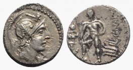C. Malleolus, Rome, 96 BC. AR Denarius (18mm, 3.98g, 3h). Helmeted head of Mars r., feather on helmet; malleolus above. R/ Warrior standing l., with r...