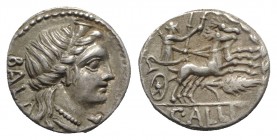 C. Allius Bala, Rome, 92 BC. AR Denarius (16mm, 3.97g, 3h). Diademed female head (Diana?) r.; letter below chin. R/ Diana driving galloping biga of st...