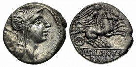 D. Silanus L.f., Rome, 91 BC. AR Denarius (17mm, 3.90g, 6h). Helmeted head of Roma r.; letter behind. R/ Victory driving biga r.; control above. Crawf...