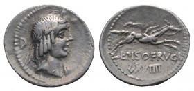 L. Calpurnius Piso Frugi, Rome, 90 BC. AR Denarius (20mm, 3.89g, 12h). Laureate head of Apollo r.; D behind and before. R/ Horseman galloping r., hold...
