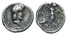 L. Calpurnius Piso Frugi, Rome, 90 BC. AR Quinarius (14mm, 2.09g, 4h). Laureate head of Apollo r.; V before. R/ Victory advancing r., holding wreath, ...