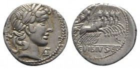 C. Vibius C.f. Pansa, Rome 90 BC. AR Denarius (18mm, 3.69g, 11h). Laureate head of Apollo r.; crested helmet below chin. R/ Minerva driving galloping ...