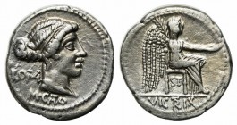 M. Cato, Rome, 89 BC. AR Denarius (18mm, 3.82g, 6h). Diademed and draped female bust r., hair in rolls and collected into a knot. R/ Victory, draped, ...