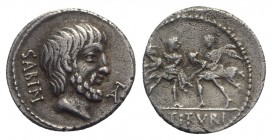 L. Titurius L.f. Sabinus, Rome, 89 BC. AR Denarius (18mm, 3.71g, 10h). Bareheaded and bearded head of King Tatius r.; ligate TA (for Tatius) to r. R/ ...