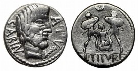 L. Titurius L.f. Sabinus, Rome, 89 BC. AR Denarius (18mm, 3.93g, 11h). Bareheaded, bearded head of King Tatius r.; palm frond below chin. R/ Tarpeia f...