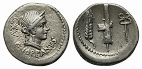 C. Norbanus, Rome, 83 BC. AR Denarius (19mm, 4.00g, 12h). Diademed head of Venus r.; control mark behind. R/ Grain-ear, fasces and caduceus. Crawford ...