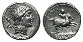 Pub. Crepusius, Rome, 82 BC. AR Denarius (17mm, 3.87g, 12h). Laureate head of Apollo r.; sceptre and letter to l.; symbol to lower r. R/ Horseman ridi...