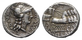 L. Sulla and L. Manlius Torquatus, Military mint moving with Sulla, 82 BC. AR Denarius (15mm, 4.02g, 12h). Helmeted head of Roma r. R/ Sulla driving t...