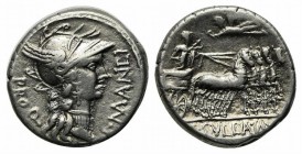 L. Sulla and L. Manlius Torquatus, Military mint moving with Sulla, 82 BC. AR Denarius (17mm, 4.10g, 6h). Helmeted head of Roma r. R/ Sulla driving tr...