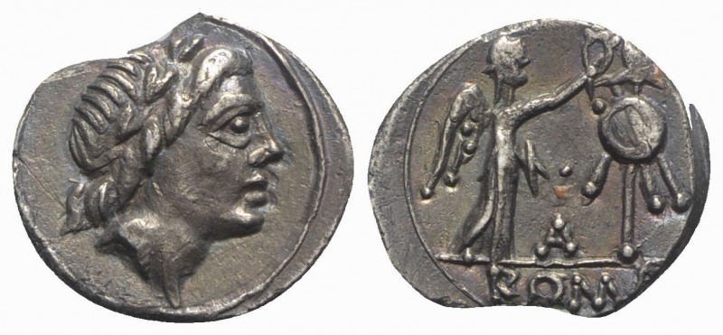 Anonymous, Rome, 81 BC. AR Quinarius (13mm, 1.68g, 6h). Laureate head of Apollo ...