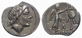 Anonymous, Rome, 81 BC. AR Quinarius (13mm, 1.68g, 6h). Laureate head of Apollo r. R/ Victory standing r., crowning trophy; pellet above A between. Cr...