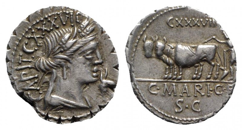 C. Marius C.f. Capito, Rome, 81 BC. AR Serrate Denarius (19mm, 3.74g, 7h). Wreat...