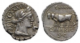 C. Marius C.f. Capito, Rome, 81 BC. AR Serrate Denarius (19mm, 3.74g, 7h). Wreathed and draped bust of Ceres r.; XXXXII at end of legend, symbol below...