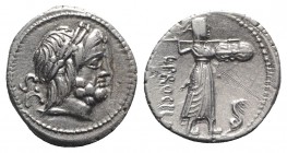 L. Procilius, Rome, 80 BC. AR Denarius (19mm, 4.12g, 5h). Laureate head of Jupiter r. R/ Juno Sospita walking r., hurling spear and holding shield; se...