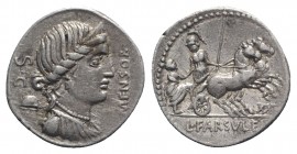 L. Farsuleius Mensor, Rome, 76 BC. AR Denarius (19mm, 3.94g, 6h). Diademed and draped bust of Libertas r.; pileus to l. R/ Roma holding spear and rein...